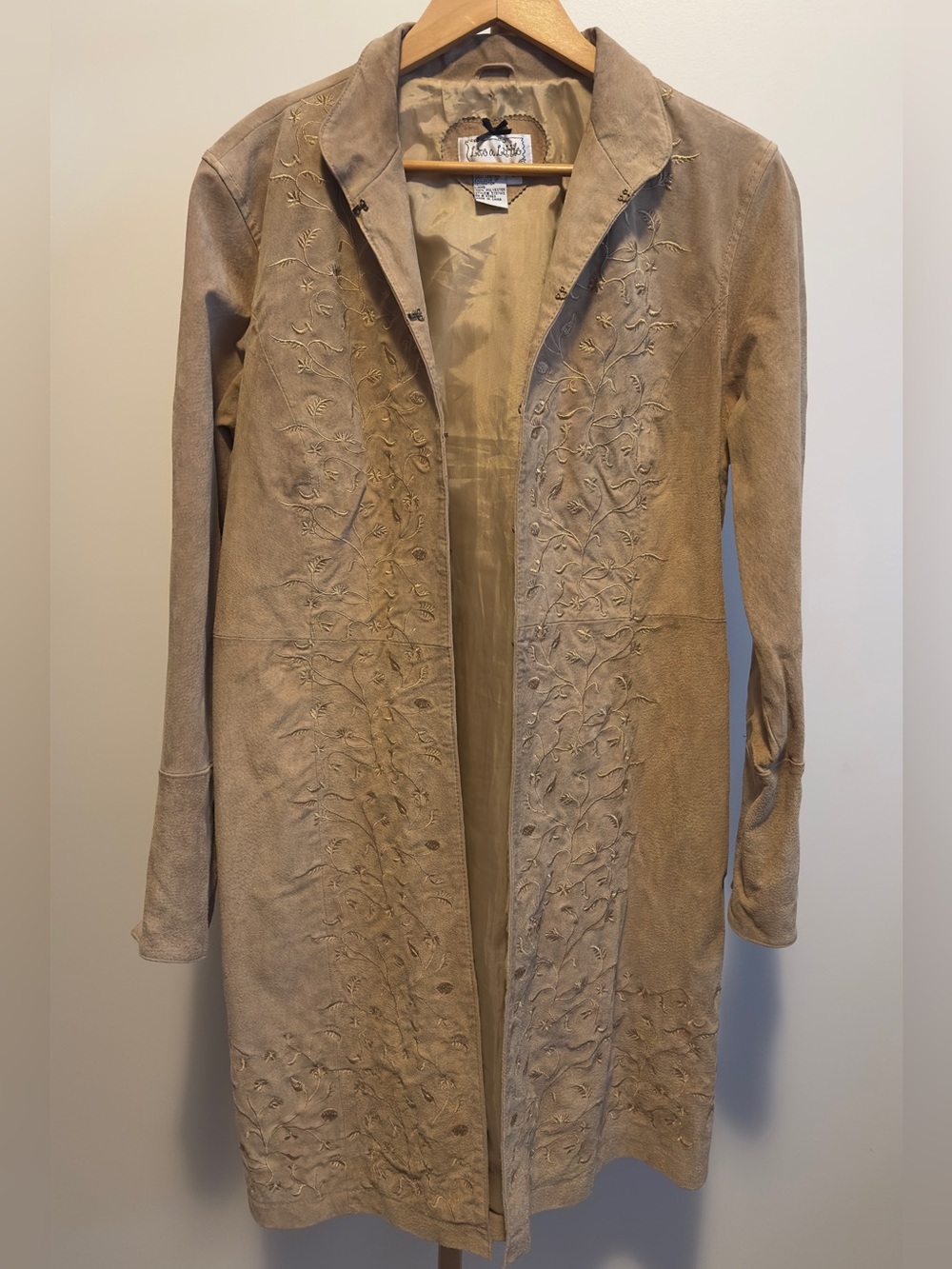 Vintage 80s Suede Embroidered Duster Jacket L Tan Western Boho
